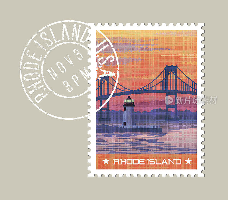 罗德岛邮票设计。矢量插图的新港大桥和港口灯塔在日出。