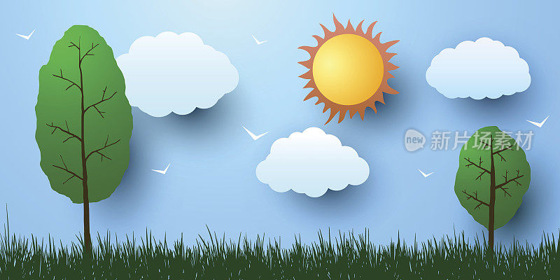 夏天卡通景观。太阳，云，鸟，树在绿色的草地上