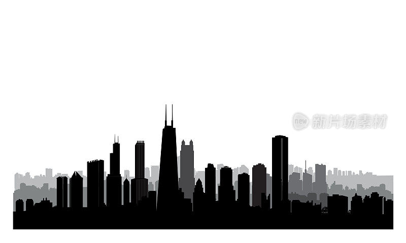 芝加哥城市建筑轮廓。美国城市景观。带有地标的美国城市景观。旅行美国天际线背景。