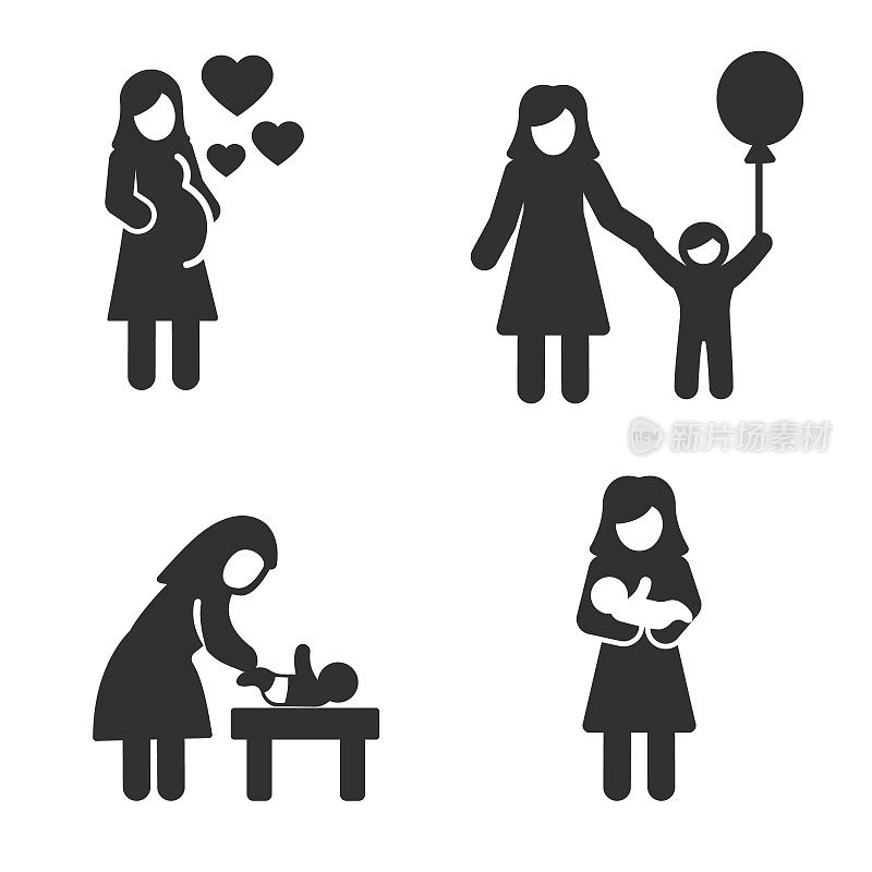 母亲，母亲和孩子的图标集。在一个简单的单色风格的图标集合。孤立的矢量图