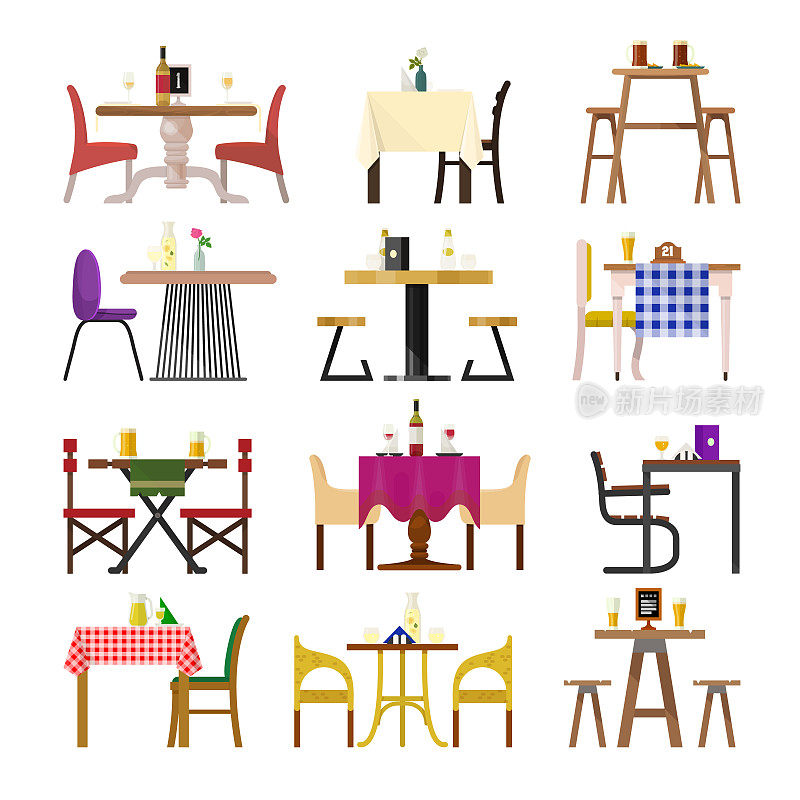 咖啡馆的桌子在餐厅设置向量餐厅家具桌子和椅子为浪漫的午餐晚餐约会在自助餐厅插图孤立在白色的背景