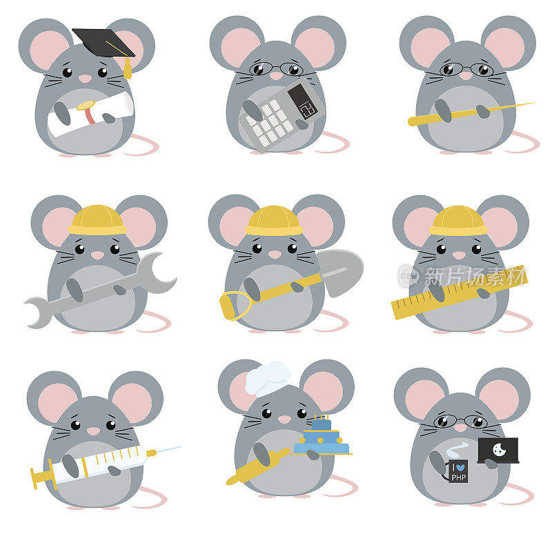 向量组小鼠各种职业:科学家，会计，教师，工程师，工人，建设者，医生，面包师，程序员。可爱的卡通插图