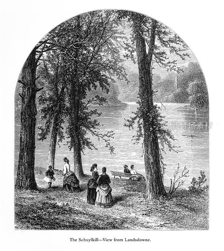 1872年，美国宾夕法尼亚州费城，兰德斯顿的斯古吉尔河，美国维多利亚版画