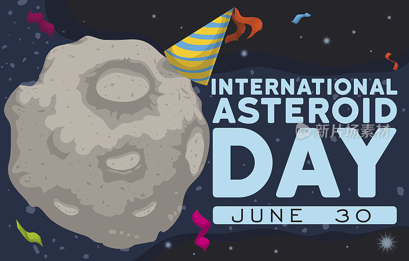 带派对帽和彩带的小行星庆祝国际小行星日
