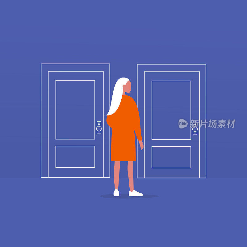年轻的女性人物站在两扇紧闭的门前。进入大楼。平面可编辑矢量插图，剪辑艺术