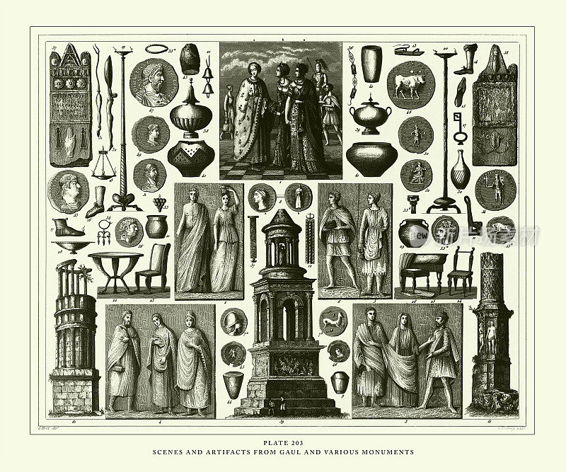雕刻古董，场景和文物从高卢和各种纪念碑雕刻古董插图，出版1851年