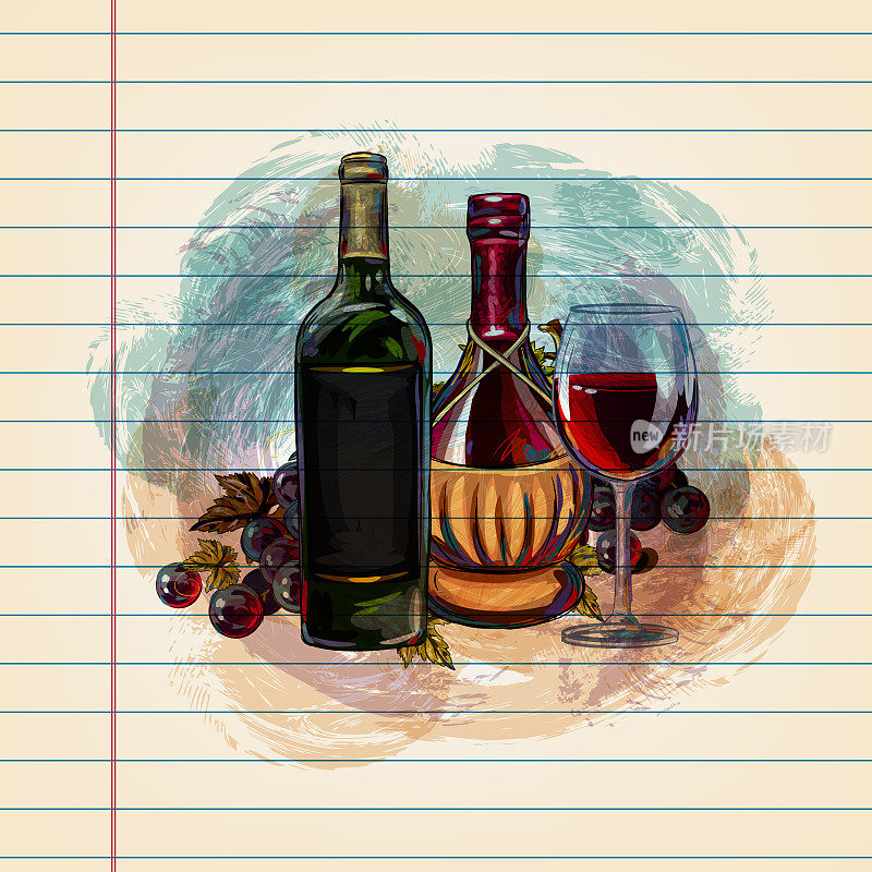 葡萄和葡萄酒瓶画在横格纸上