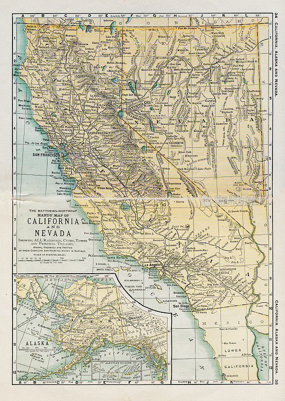 加州和内华达州地图，1898年