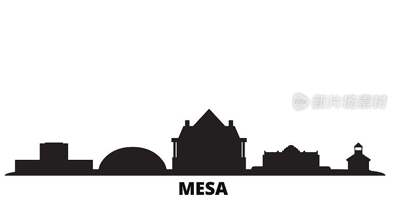 美国，梅萨城市天际线孤立矢量插图。美国，梅萨旅游黑色城市景观