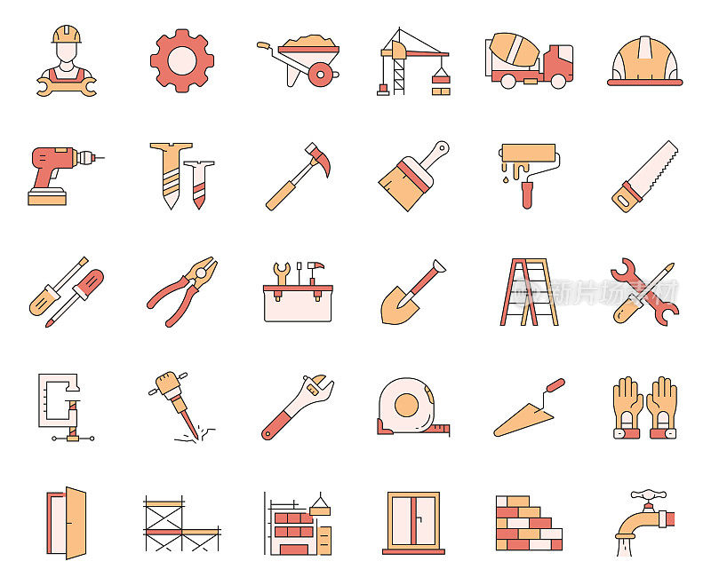 简单的一组建设相关的矢量线图标。大纲符号集合。