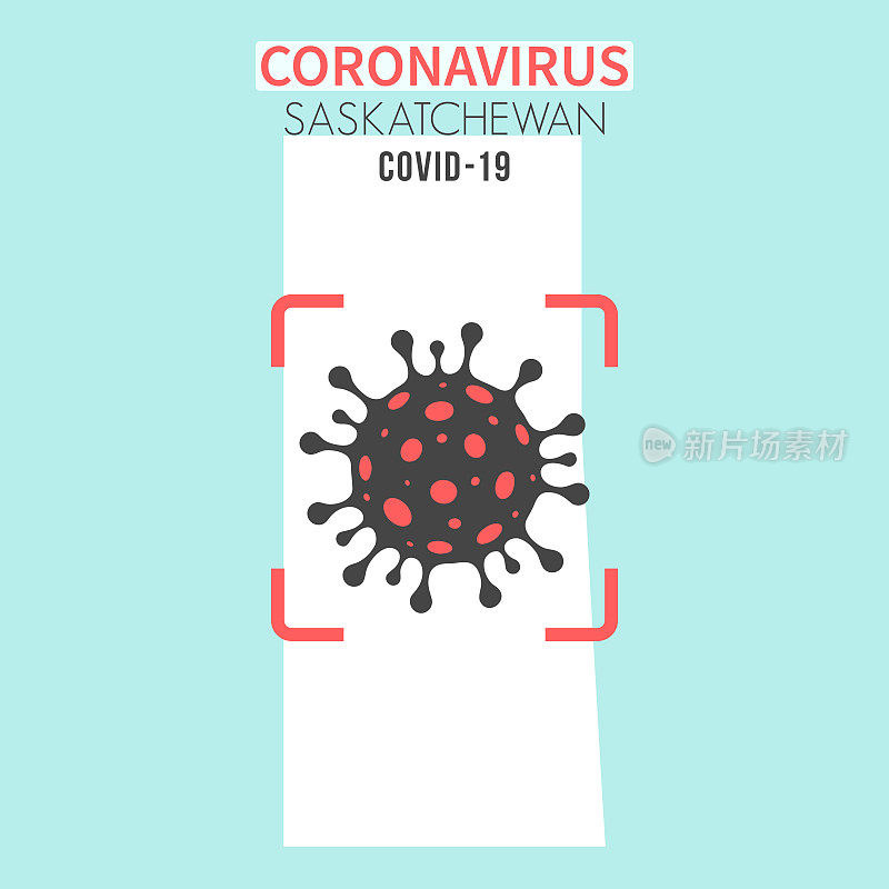 萨斯喀彻温省地图，红色取景器中显示冠状病毒(COVID-19)细胞