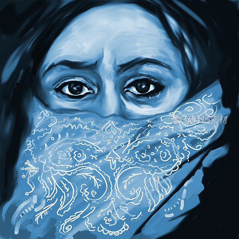 时尚插画现代艺术寓言油画印象派肖像女性保护呼吸道免受冠状病毒感染，用蓝色的深色背景围巾遮住脸部