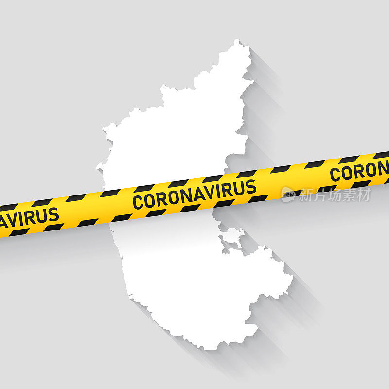 卡纳塔克邦地图与冠状病毒警告胶带。Covid-19爆发