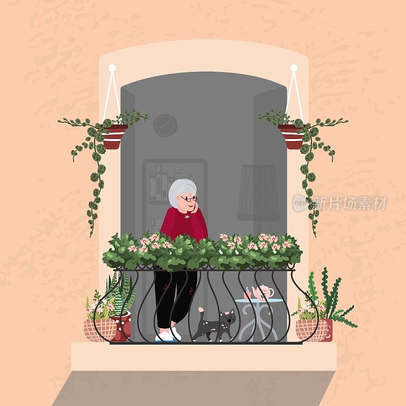 大流行期间，老妇人与猫呆在家里。老年人呆在阳台上看外面。成人在隔离期间自我隔离。奶奶在阳台上养着宠物和室内植物。