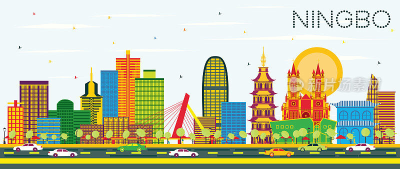 中国宁波城市天际线，彩色建筑和蓝天。