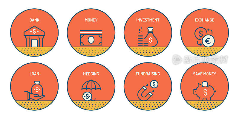 金钱和金融相关的线图标的设置。简单的轮廓图标。