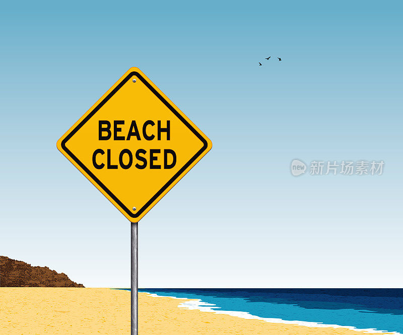 黄色沙滩关闭警告标志，附有沙滩和海水