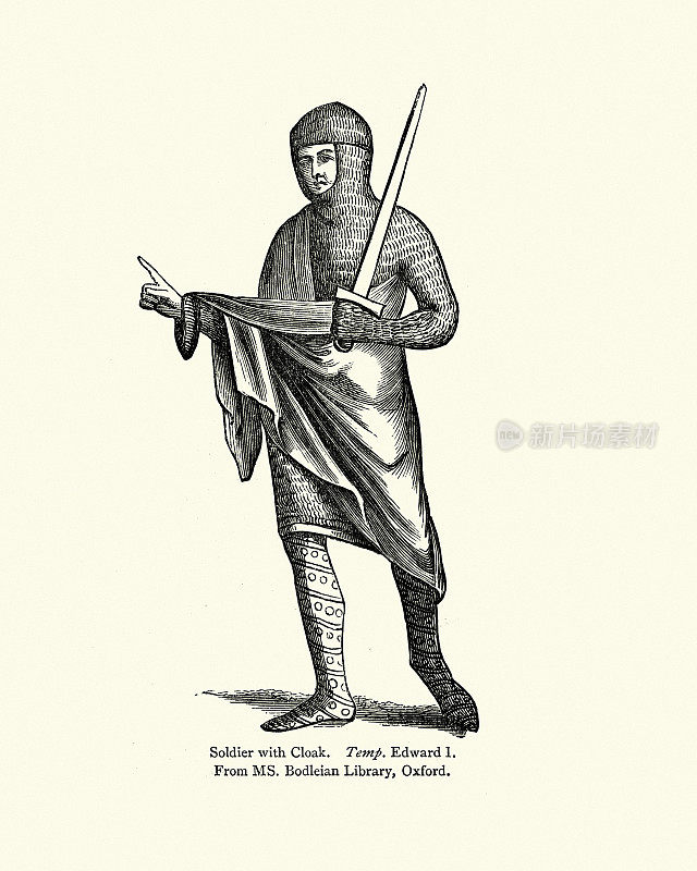 13世纪的士兵骑士，身穿链甲，手持长剑