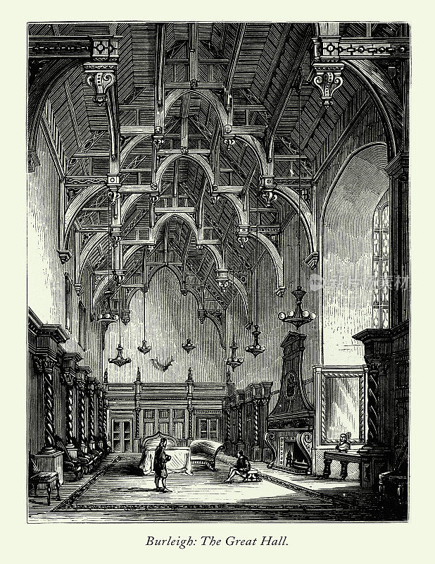 年份，英国维多利亚时代版画，伯利大厅，大厅，莱斯特郡，英格兰，1875年