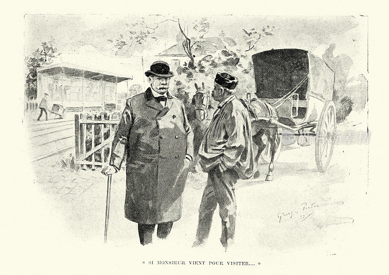 两个男人在街上闲聊，19世纪的法国