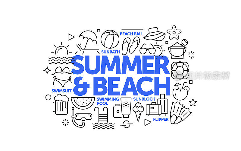 夏季，假期和海滩活动相关的网页横幅线风格。现代线性设计矢量插图的网站横幅，网站标题等。