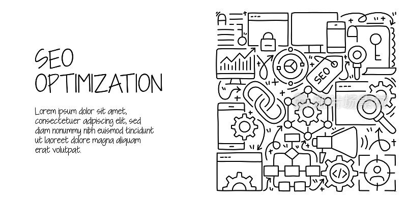 SEO相关的涂鸦插图。现代设计矢量插图的网页横幅，网站标题等。