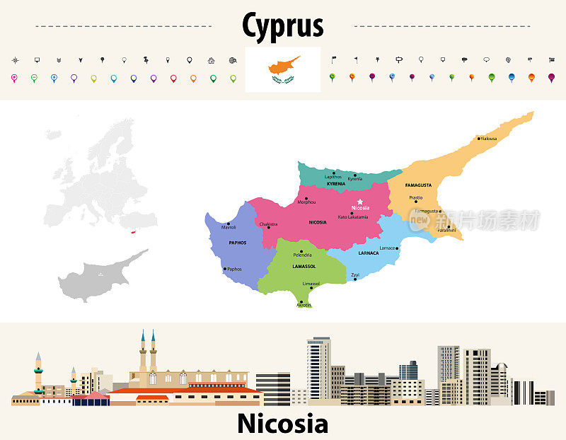塞浦路斯行政区划地图与主要城市。国旗的塞浦路斯。尼科西亚城市。矢量图