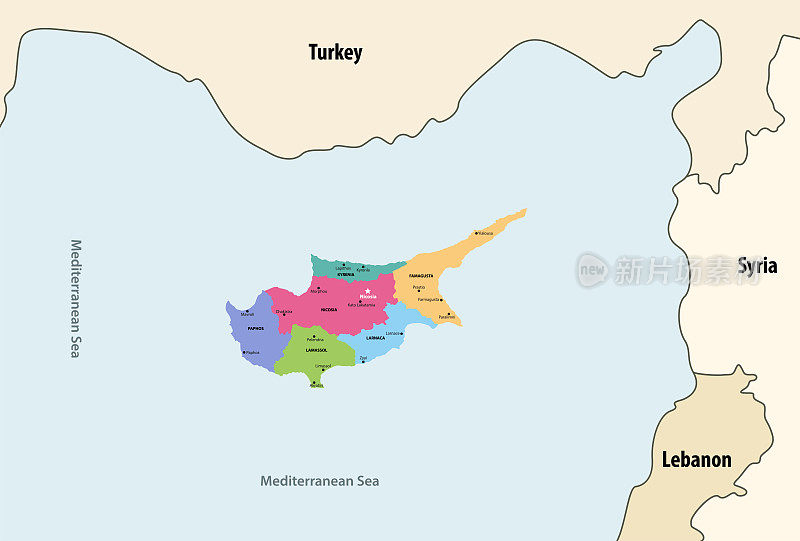 塞浦路斯地区与邻国和领土矢量地图