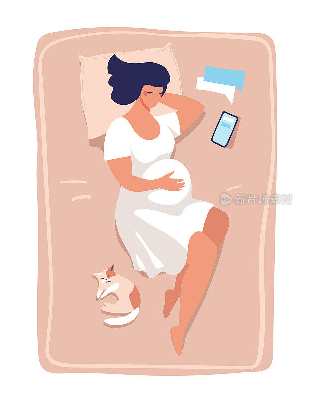 一个年轻的孕妇躺在床上睡觉。插图关于怀孕和分娩，健康和放松。平面矢量插图孤立在白色背景。
