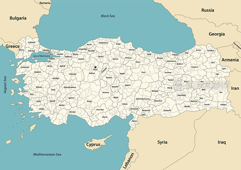 土耳其地区以省份为颜色，配以邻国和领土矢量地图