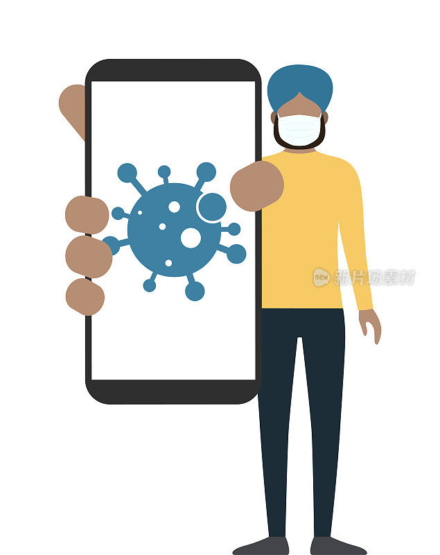 戴医用口罩的男子展示装有病毒应用程序的智能手机。卡通矢量股票插图