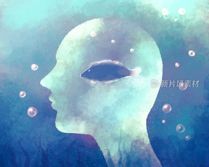 生态。一个抽象的人的侧面水下与鱼在一个透明的剪影。梦幻的未来主义蓝色插图