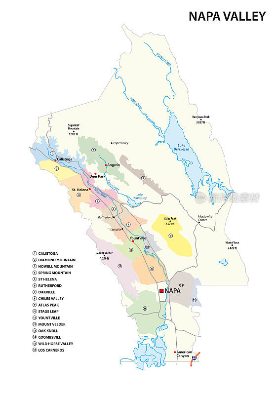 美国加州纳帕谷区葡萄酒种植区矢量地图