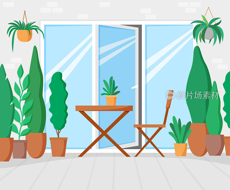露台花园桌椅，绿色阳台植物，画廊大落地窗休闲时间。平面设计说明。