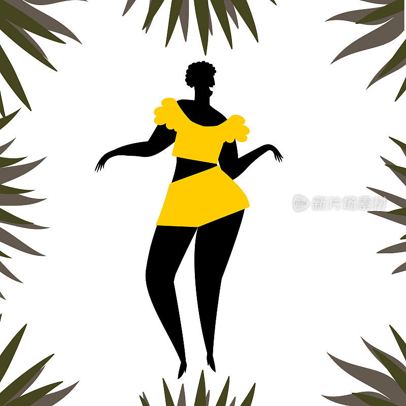 矢量手绘卡通插图拉丁美洲，加勒比。非洲女人跳舞曼波，巴塔塔，萨尔萨，桑巴，梅伦格移动有乐趣。