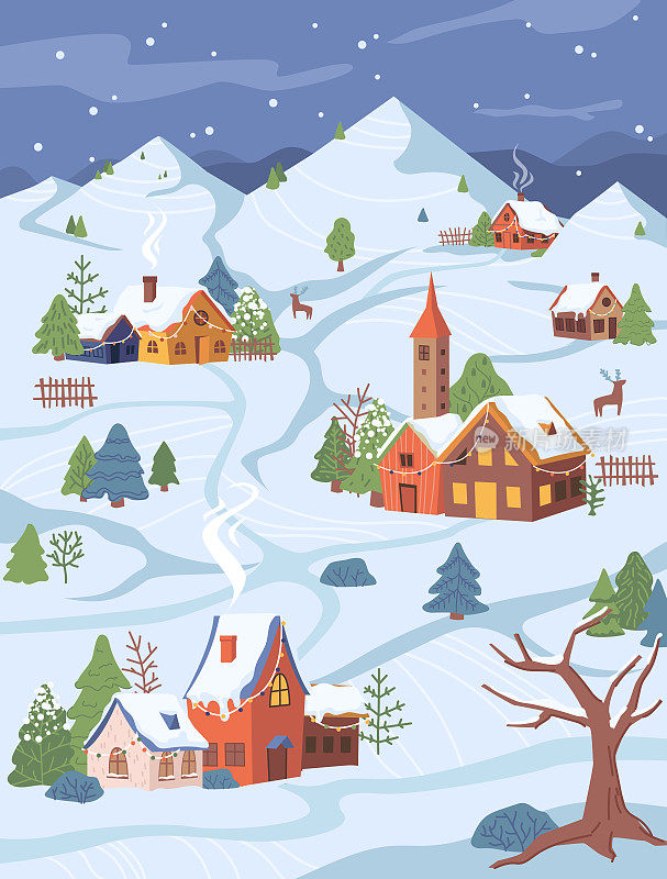 新年圣诞乡村风光，村舍和树在雪，平面卡通设计。向量山和星空，带花环的房子，篱笆，小路和驯鹿，乡村背景