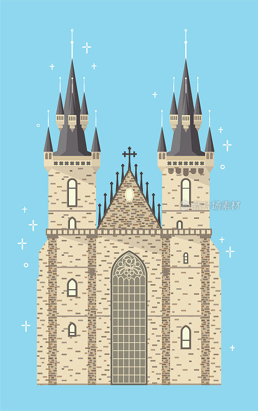布拉格泰恩圣母教堂。捷克著名的中世纪大教堂建筑位于老城广场。哥特式波希米亚大教堂旅游景点。欢迎来到布拉格平面向量eps。10.