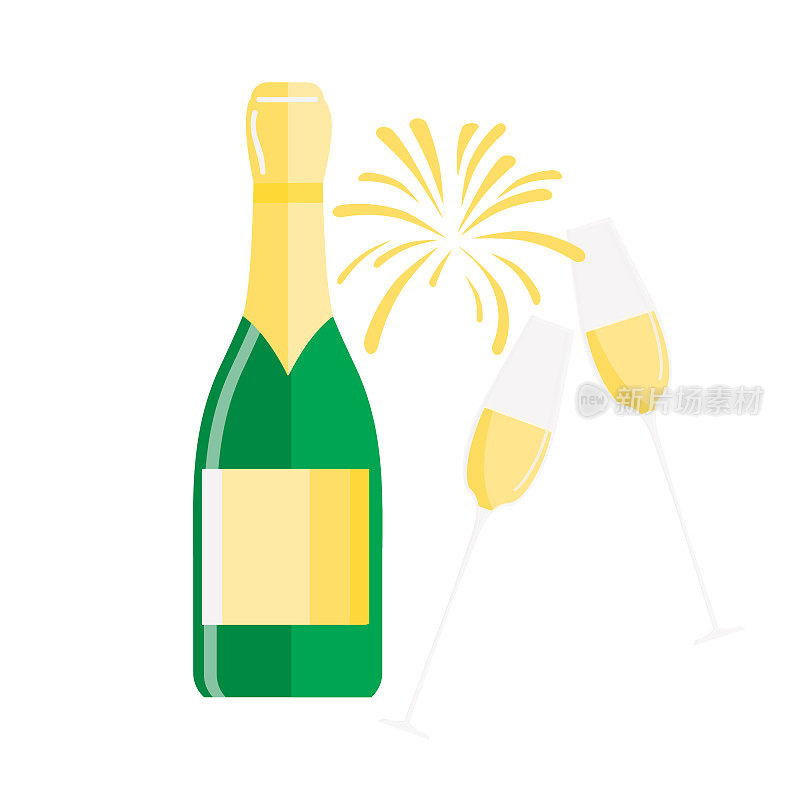 圣诞扁平设计图标新年香槟瓶与眼镜和烟花