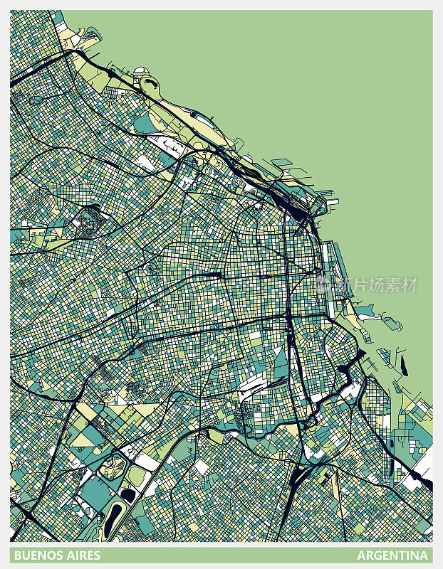 艺术插画风格地图，布宜诺斯艾利斯城市，阿根廷