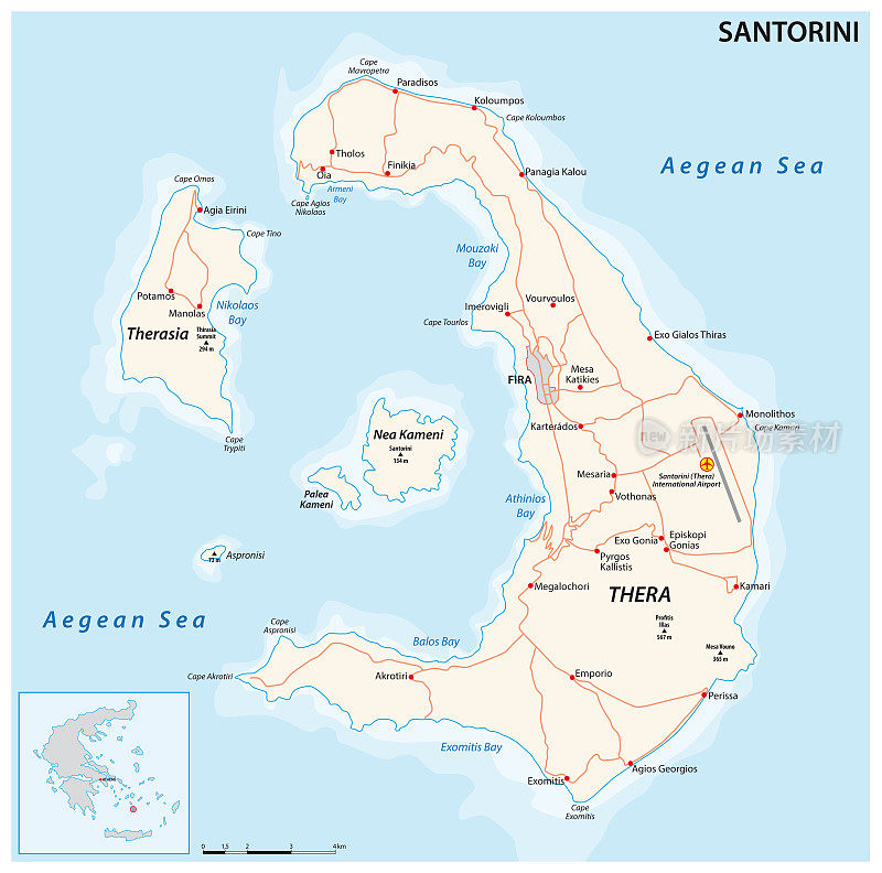 矢量地图的圣托里尼群岛在南爱琴海，希腊