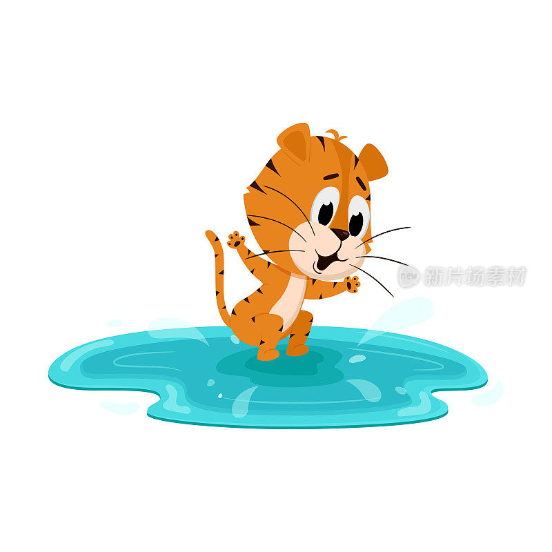 老虎跳进水坑里，在湖里游泳。可爱的卡通人物。老虎是2022年的象征。矢量插图的儿童。孤立在白色背景上。
