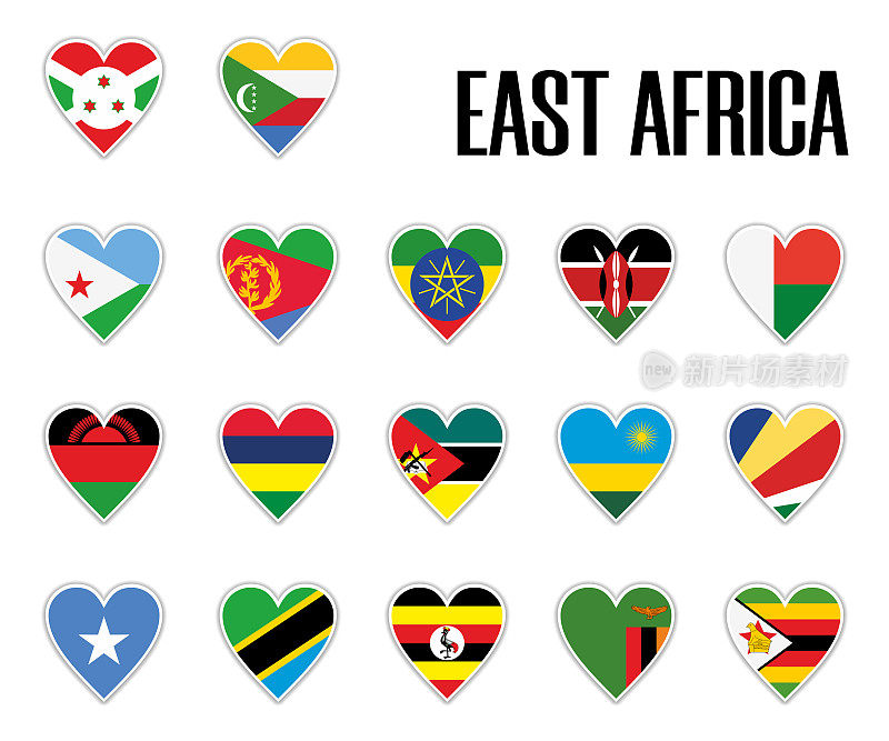 将东非的旗帜用阴影和白色的轮廓印在心中