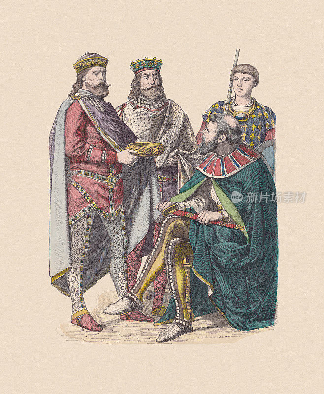 公元六世纪上半叶，拜占庭式服装，木刻，手工着色，1880年出版