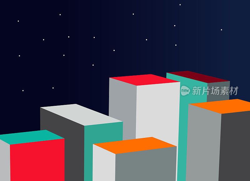 矢量城市在夜间，海报抽象建筑模型插图