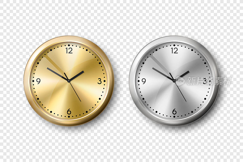 矢量3d现实的黄色金色和灰色银色或钢墙办公室时钟图标设置孤立。金属表盘。挂钟特写设计模板。模型的品牌和广告。,前视图