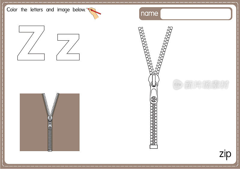 矢量插图的儿童字母着色书页与概述剪贴画，以颜色。字母Z代表Zip。