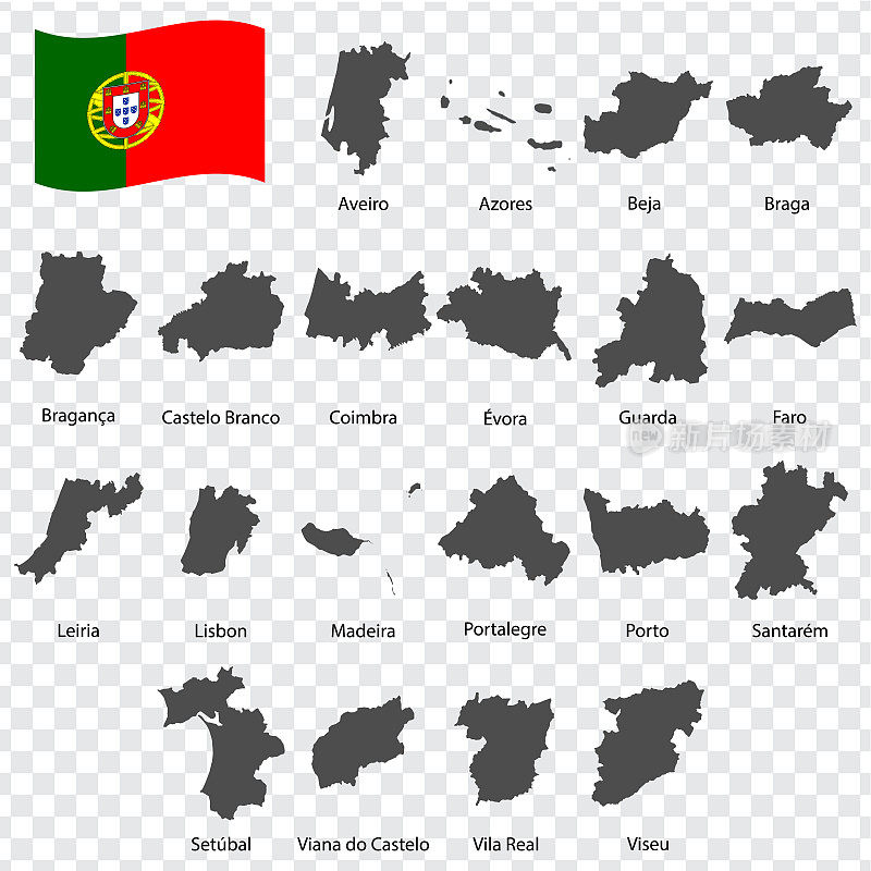 葡萄牙的二十个地图部门-名字的字母顺序。每一张地区地图都被列出，并与文字和标题分开。葡萄牙共和国。每股收益10。