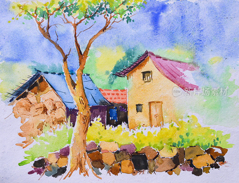 明亮的印度乡村水彩画，插图