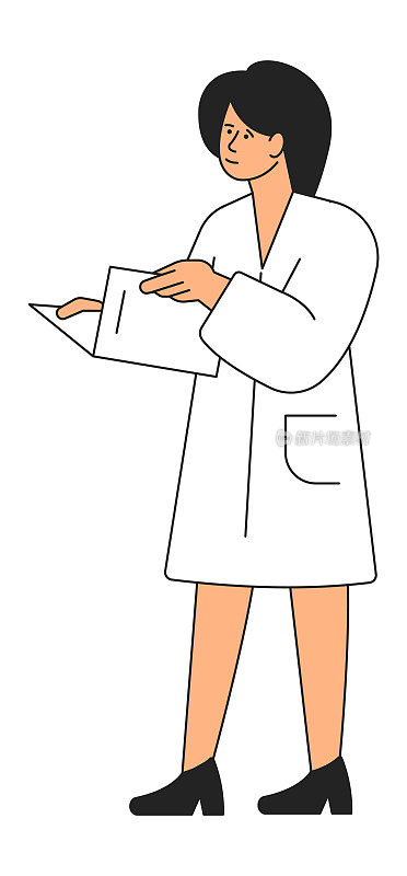 穿着白大褂拿着纸质文件的女人。护士的角色