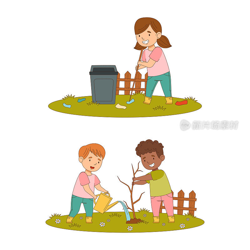 幼儿春季活动设置。可爱的孩子在花园里干活。男孩和女孩种植树和耙叶卡通矢量插图
